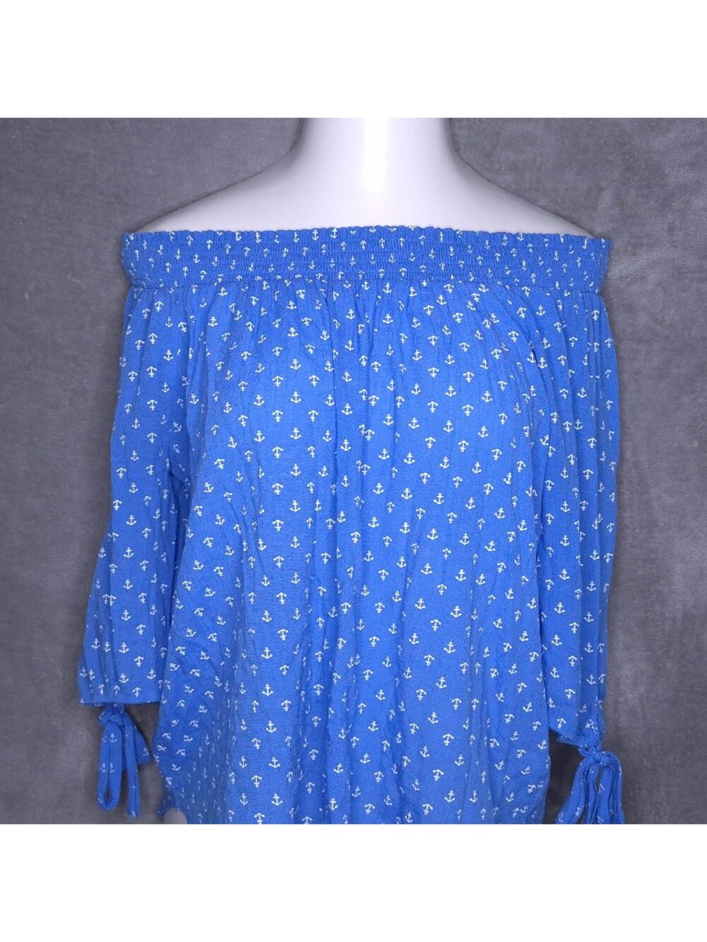 Counterparts Blue Off-Shoulder Top XL Anchor Print Smocked Neckline Tie Sleeves